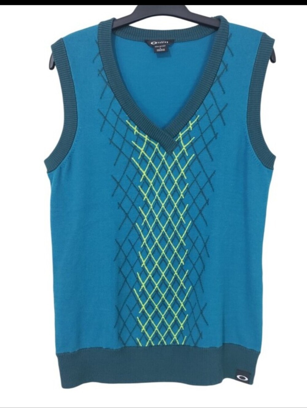 Oakley Golf Top Hill V-Neck Knit Sweater Vest Teal Blue / Neon Green L